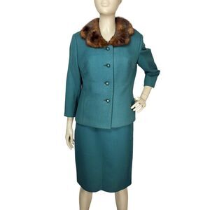 Vintage 40s 50s Genuine Mink Collar Green Pencil Skirt & Jacket Suit Set S/M